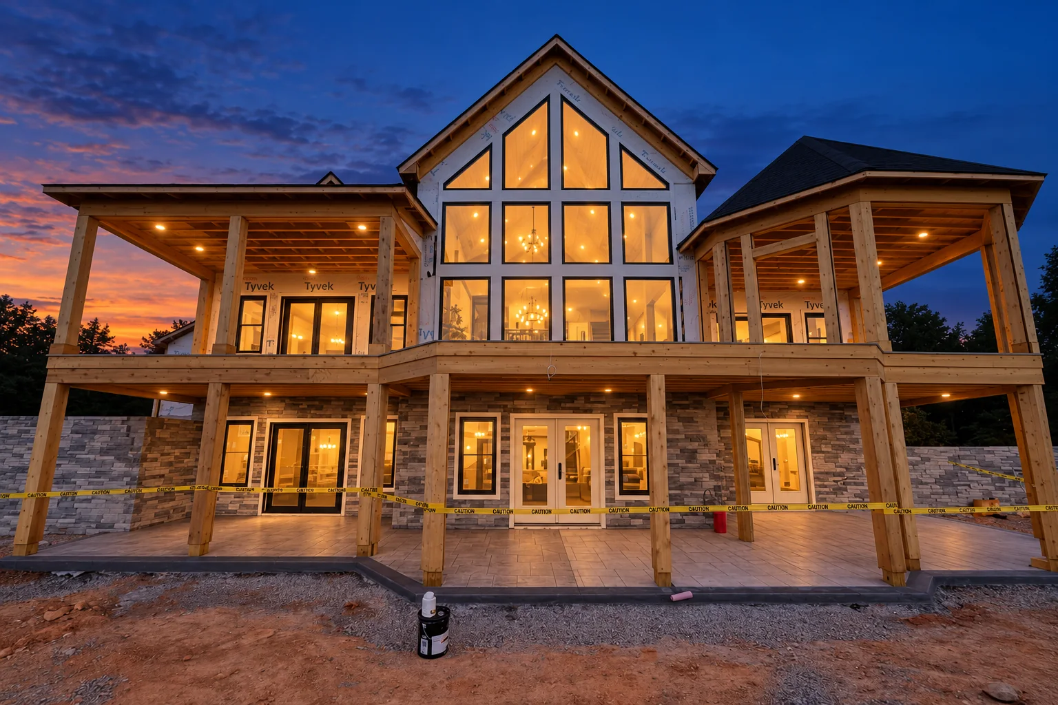 A Legasea waterfront home with a tall glass gable, lit at dusk while still under construction
