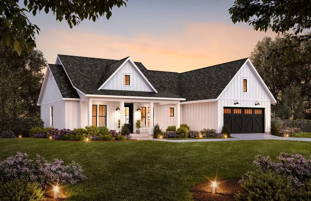 Rendering of a white modern farmhouse at dusk with landscape lighting